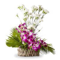 10 Orchid 15 White Carnation Flower Basket : Send Karwa Chauth Flowers to Delhi