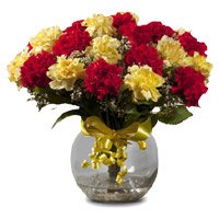 Send Online Flowers Delivery in Delhi with Red Yellow Carnation Vase 18 Flowers on Rakhi