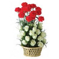 Red Carnation White Rose Basket 24 Flowers