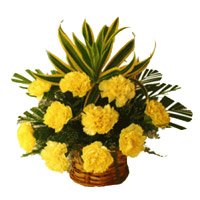 place Order for Yellow Carnation Basket of 12 Rakhi Flowers in Delhi Online