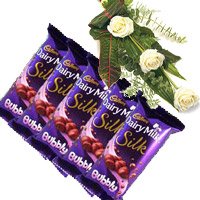 Order 5 Cadbury Silk Bubbly Chocolate With 3 White Roses with free Delivery in Delhi