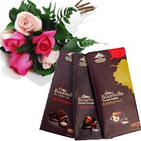 Deliver 3 Bournville Chocolates With 6 Red Pink Roses and Rakhi Gifts to Delhi
