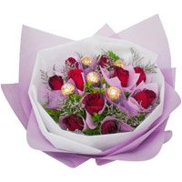 Online Karwa Chauth Gift Delivery of 12 Red Roses 5 Ferrero Rocher Bouquet Delhi
