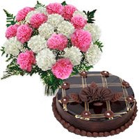 1 Kg Chocolate Cake 12 Pink White Carnation Bouquet : Send Karwa Chauth Cakes to Delhi