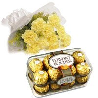 Send 10 Yellow Carnation 16 Pcs Ferrero Rocher Chocolate Gifts to Delhi
