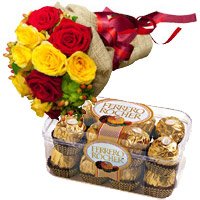 Order Online Karwa Chauth Gifts to Delhi. 12 Red Yellow Roses Bunch 16 Pcs Ferrero Rocher Delhi