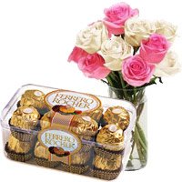 Deliver 10 Pink White Roses Vase 16 Pcs Ferrero Rocher Chocolates to Delhi