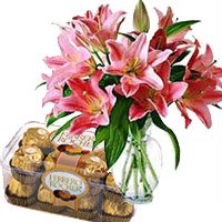 Send 15 Pink Lily Vase, 16 Pcs Ferrero Rocher Chocolates to Delhi