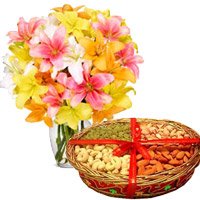 10 Mix Lily Vase, 1 Kg Mix Dry Fruits : Karwa Chauth Gift Hampers to Delhi