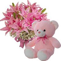 Send 6 Oriental Pink Lily, 6 Inch Teddy Bear, Gifts to Delhi