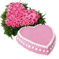 Deliver online Rakhi with 36 Pink Roses Heart with 1 Kg Eggless Strawberry Cakes to Delhi