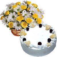 Eggless Cake to Delhi. Rakhi with 30 White Gerbera Yellow Roses Basket and 1 Kg Eggless Pineapple Cake