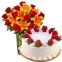 1 Kg Strawberry Cake (5 Star Bakery) & 8 Orange Lily, 12 Roses Vase
