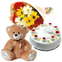 12 Gerbera Bouquet, 1 Kg Pineapple Cake and 1 Teddy Bear, Gifts Deliver to Delhi