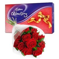 Online Gift Delivery of Cadbury Celebration Pack with 12 Red Roses Bunch to Delhi