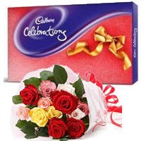 Rakhi Gifts to Delhi with 12 Mix Roses Bouquet with Cadbury Celeberation Pack