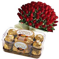Send 16 Pcs Ferrero Rocher with 50 Red Roses Bunch to Delhi. Rakhi Gift Delivery in Delhi