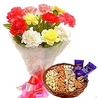 12 Mixed Flowers Bouquet with 1/2 Kg Assorted Dry Fruits and 2 Dairy Milk Chocolates : Karwa Chauth Gift Hampers to Delhi