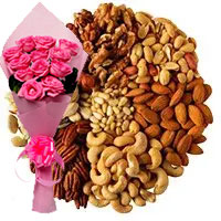 Pink Roses with Mixed Dry Fruits : Karwa Chauth Gift Hampers to Delhi