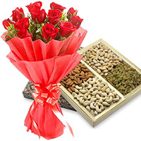 12 Red Roses with 500 gm Mixed Dry Fruits