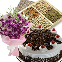 5 Purple Orchids Bunch 1/2 Kg Black Forest Cake with 500 gm Mix Dry Fruits