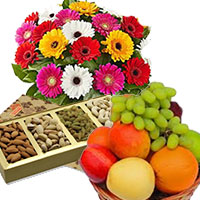 12 Mix Gerbera with 500 gm Mix Dry Fruits and 1 Kg Fresh Fruits Basket