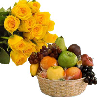 12 Yellow Roses Bunch with 1 Kg Fresh Fruits Basket : Send Karwa Chauth Fruits to Delhi