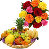 12 Mix Roses Bunch with 1 Kg Fresh Fruits Basket