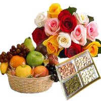 12 Mix Roses Bunch with 1 Kg Fresh Fruits Basket and 500 gm Mix Dry Fruits