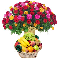 Mix Roses Basket with Fresh Fruits Basket : Karwa Chauth Fruits Delivery in Delhi
