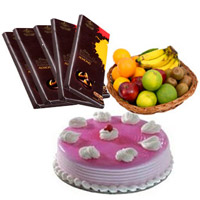 5 Cadbury Bournville Chocolates with 1 Kg Fresh Fruits Basket and 500 gm Strawberry Cake : Send Karwa Chauth Fruits to Delhi
