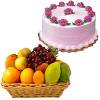 1 Kg Fresh Fruits Basket with 500 gm Strawberry Cake : Karwa Chauth Fruits Delivery in Delhi