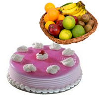 1 Kg Fresh Fruits Basket with 1 Kg Strawberry Cake : Send Karwa Chauth Gift Hampers to Delhi