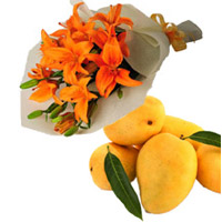 Orange Lily Bouquet 4 Flower Stems with 12 pcs Fresh Mango