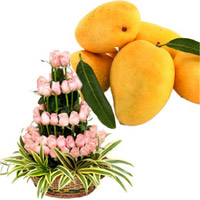 Pink Flowers Basket 50 Flowers with 12 pcs Fresh Mango