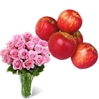 20 Pink Roses in Vase with 1 Kg Fresh Apple