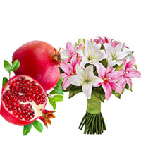 1 Kg Fresh Promegranate with Pink White Lily Bouquet 6 Stems