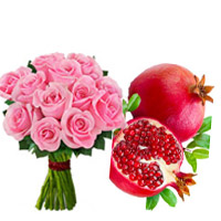 Pink Roses Bouquet 12 Flowers with 1 Kg Promegranate