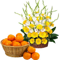 Yellow Gerbera White Glad Basket 30 Flowers with 18 pcs Orange Basket