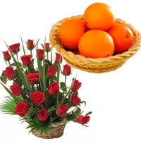20 Fresh Red Roses Basket with 12 pcs Orange