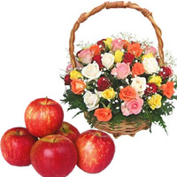 Mixed Roses Basket 45 Flowers with 1 Kg Fresh Apple
