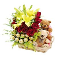 Send 2 Lily 12 Roses 16 Ferrero Rocher Twin Small Teddy Basket to Delhi