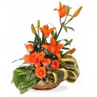 Order Online 3 Orange Lily 6 Orange Roses Basket 12 Rakhi Flowers to Delhi