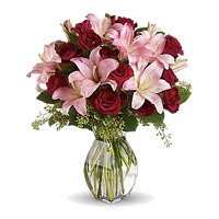 Buy 3 Pink Lily 12 Red Roses to Delhi in Vase on Rakhi