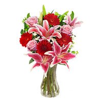 Cheapest Rakhi Flower Delivery in Delhi. 4 Pink Lily 4 Pink Rose 4 Red Gerbera Vase