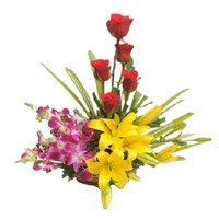 Place Online Order for Rakhi Flowers of 2 Yellow Lily 4 Orchids 5 Red Rose in Flower Basket in Delhi