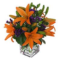 Early Morning Flower Delivery Delhi. Orange Lily Vase 4 Flower Stems on Rakhi