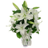 Get Rakhi and Flowers. White Lily Vase of 5 Stems Flower to Delhi