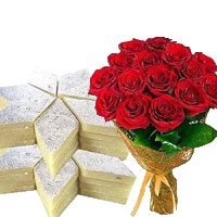 Send 0.5 Kg Kaju Barfi with Bunch of 12 Red Roses in Delhi