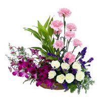 Deliver Online Orchids Carnations and Roses Arrangement of 18 Flowers to Delhi on Rakhi